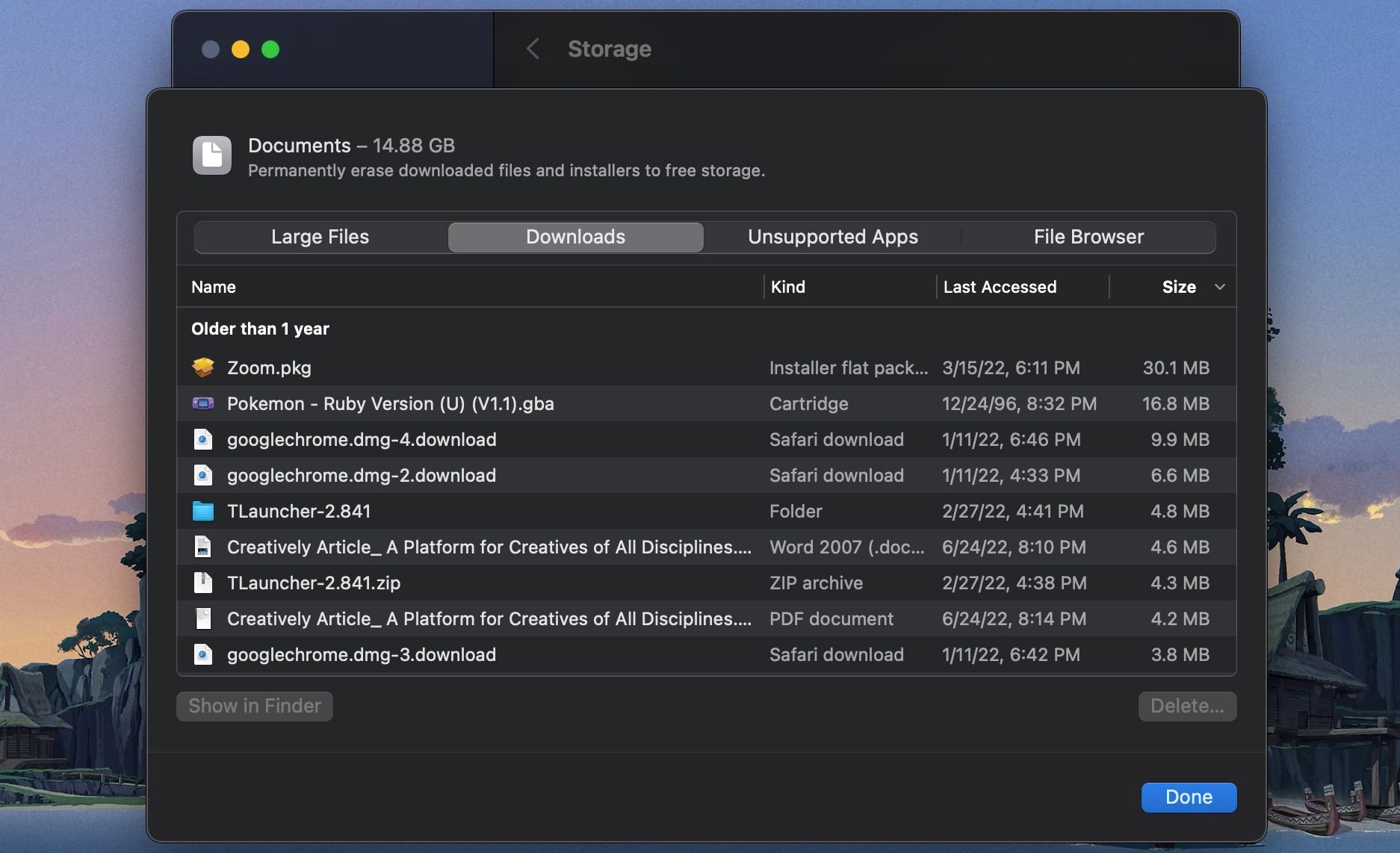 Página de downloads da visualização Documentos nas configurações de armazenamento do macOS