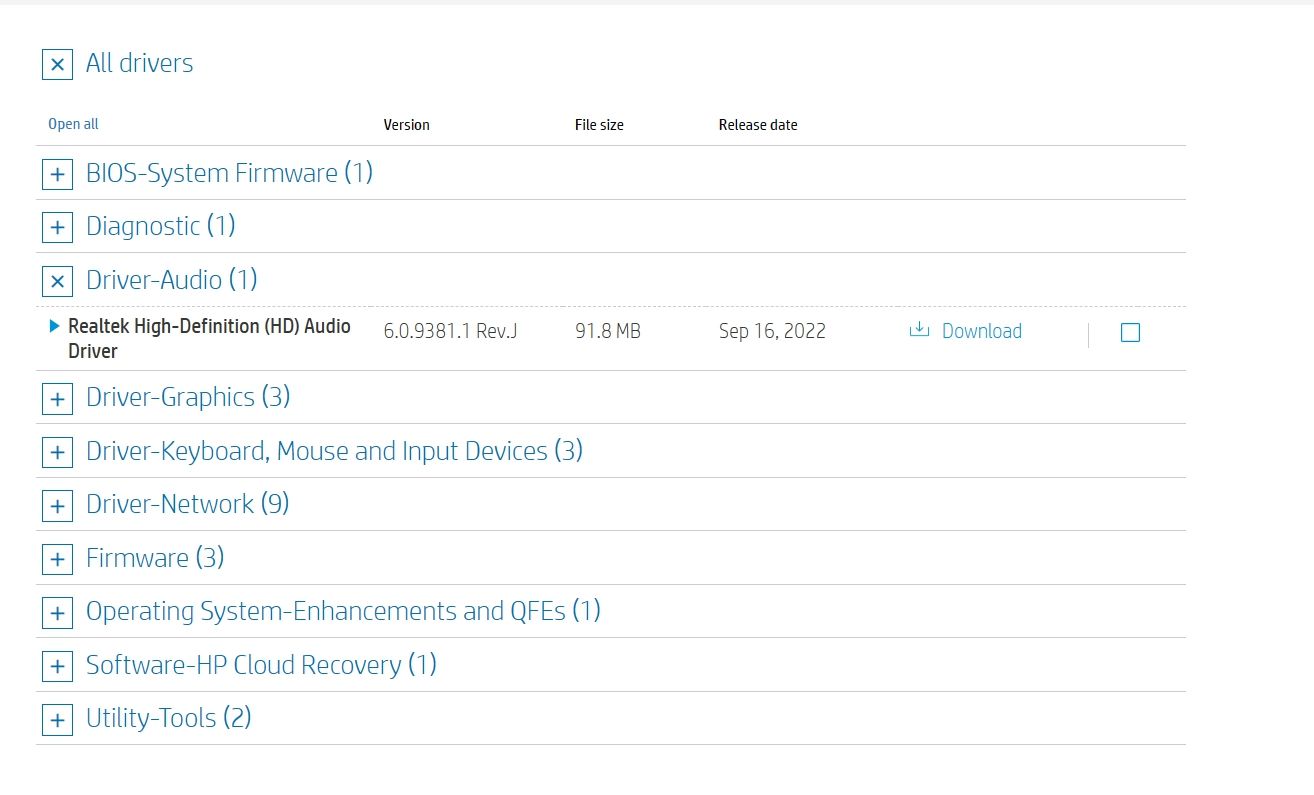 گزینه Driver Audio در صفحه دانلود نرم افزار و درایور HP