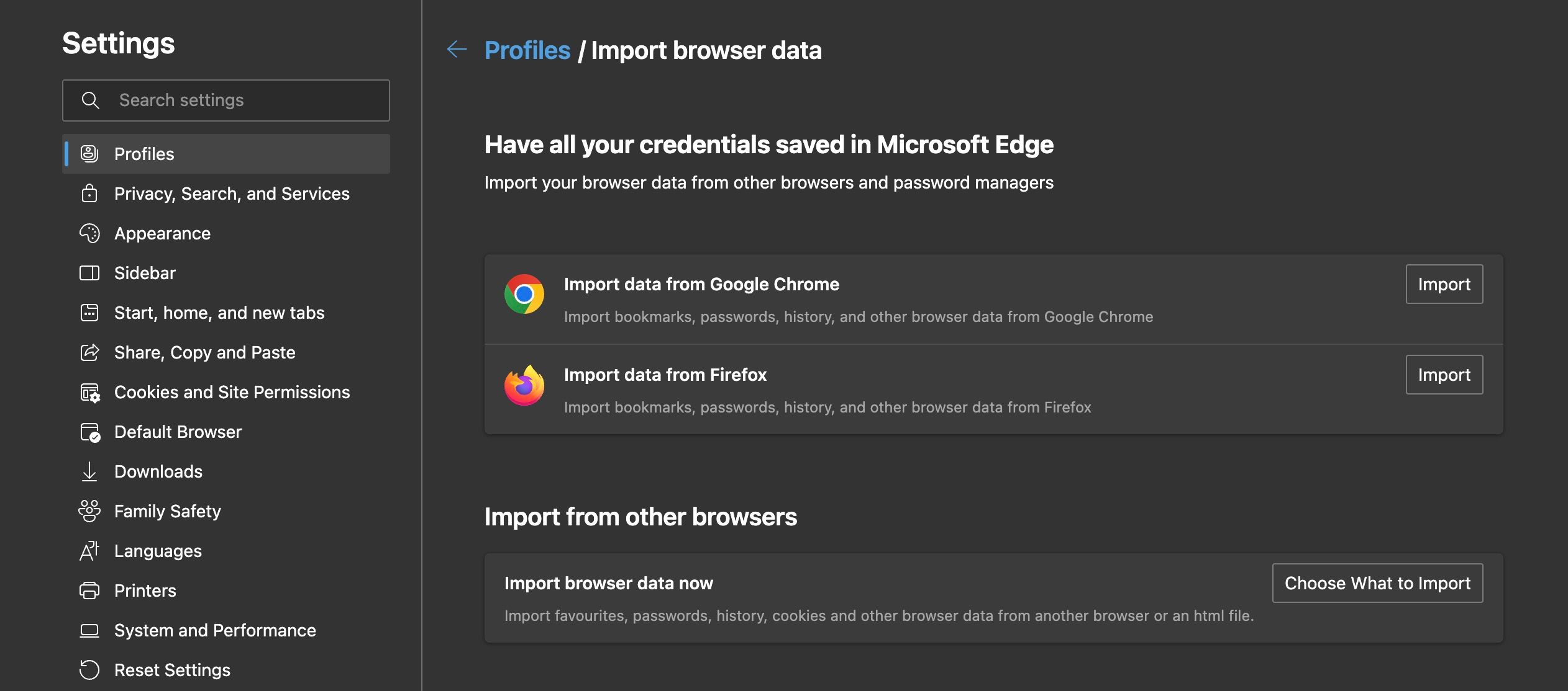 captură de ecran care arată pagina de setări din Edge pentru importarea datelor din Chrome