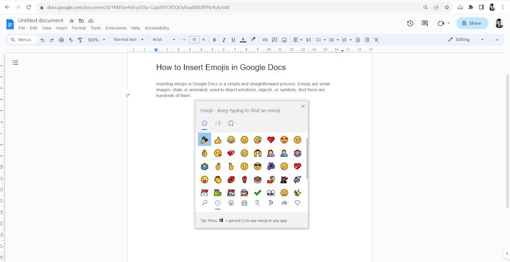 کائوموجی ها و نمادهای ایموجی در Google Docs از طریق میانبر صفحه کلید