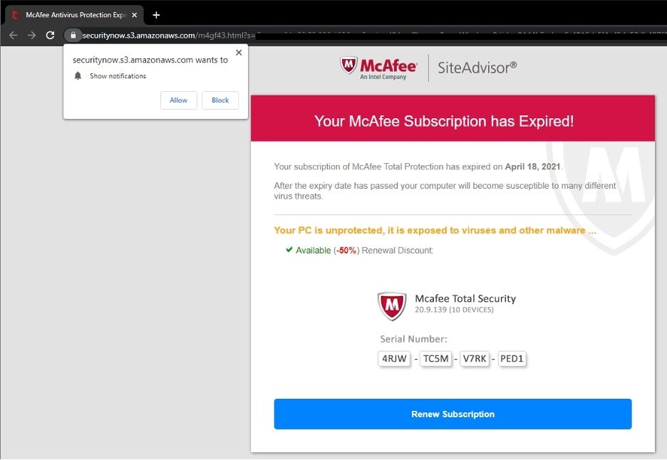 Fake Subscription Expired Notification on a Suspicious Website