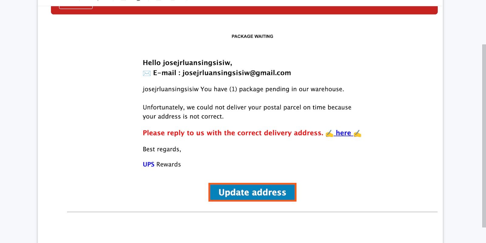 Livrare falsă a pachetului UPS pentru colet și adresă care nu există