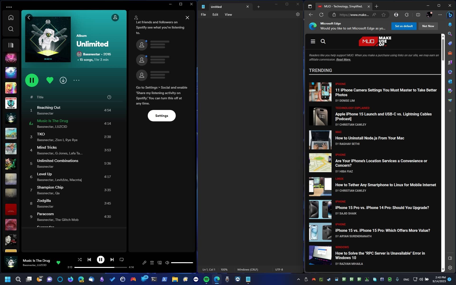 FancyWM Spotify Notepad Microsoft Edge с вертикальным разделением