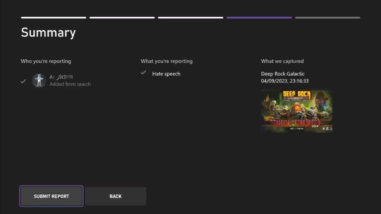 تصویری از صفحه خلاصه برای گزینه گزارش در گپ صوتی بازی در Xbox Series X