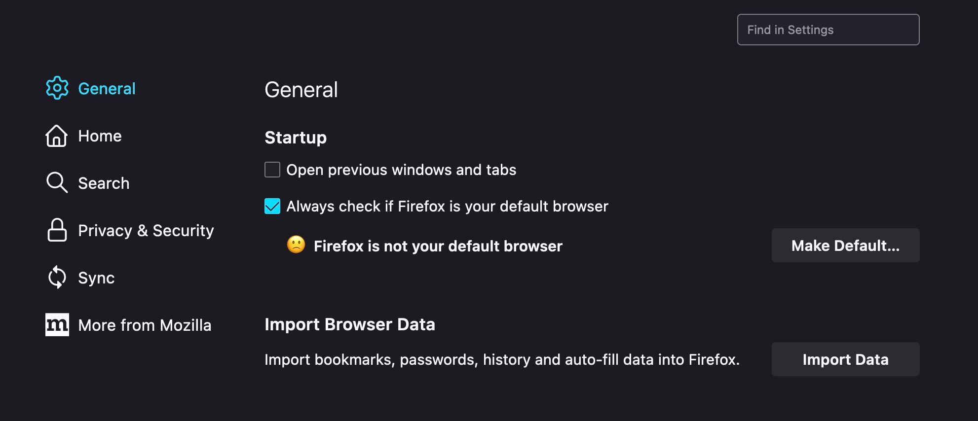 captură de ecran care arată opțiunile Import Browser Data în setările Firefox