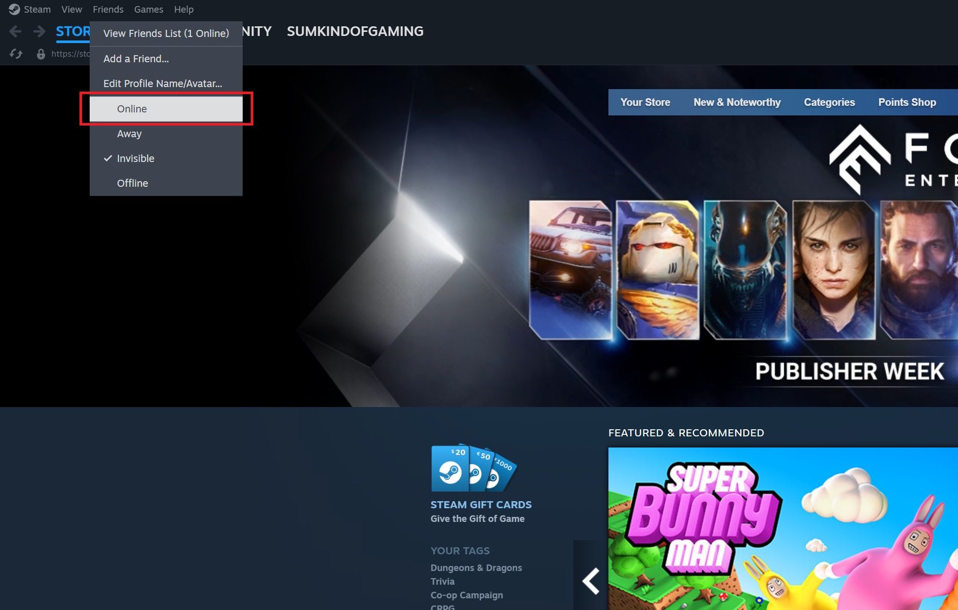 Friends Section of Steam Toolbar Online Mode