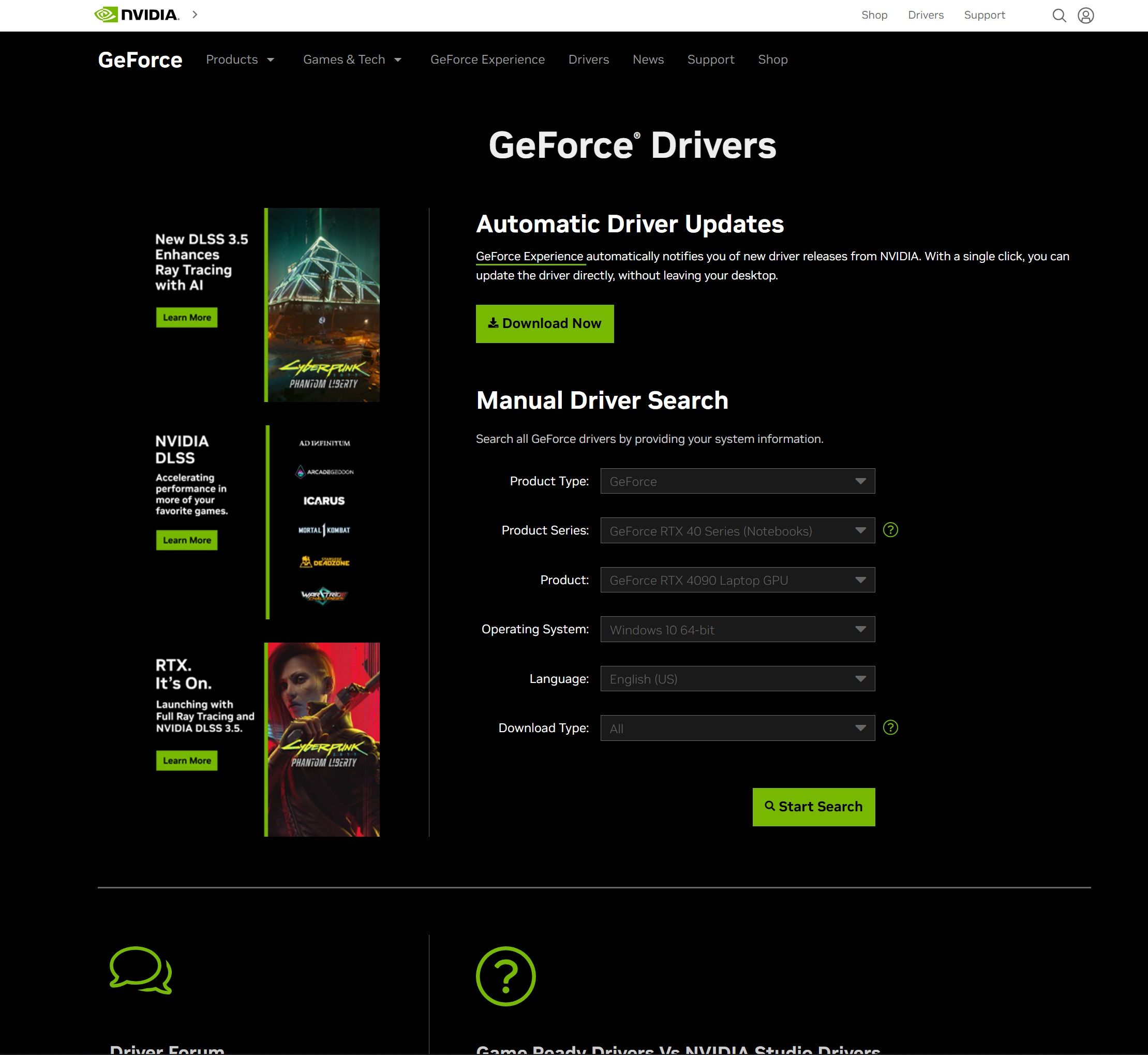 GeForce Driver Update Webpage