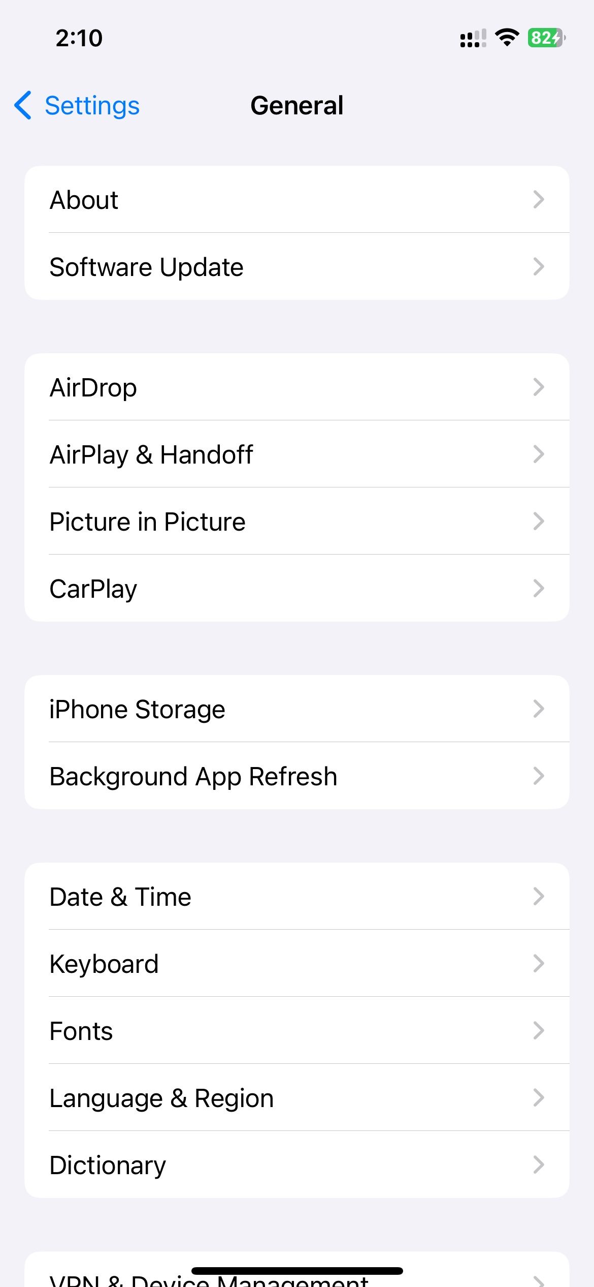 General settings in iOS