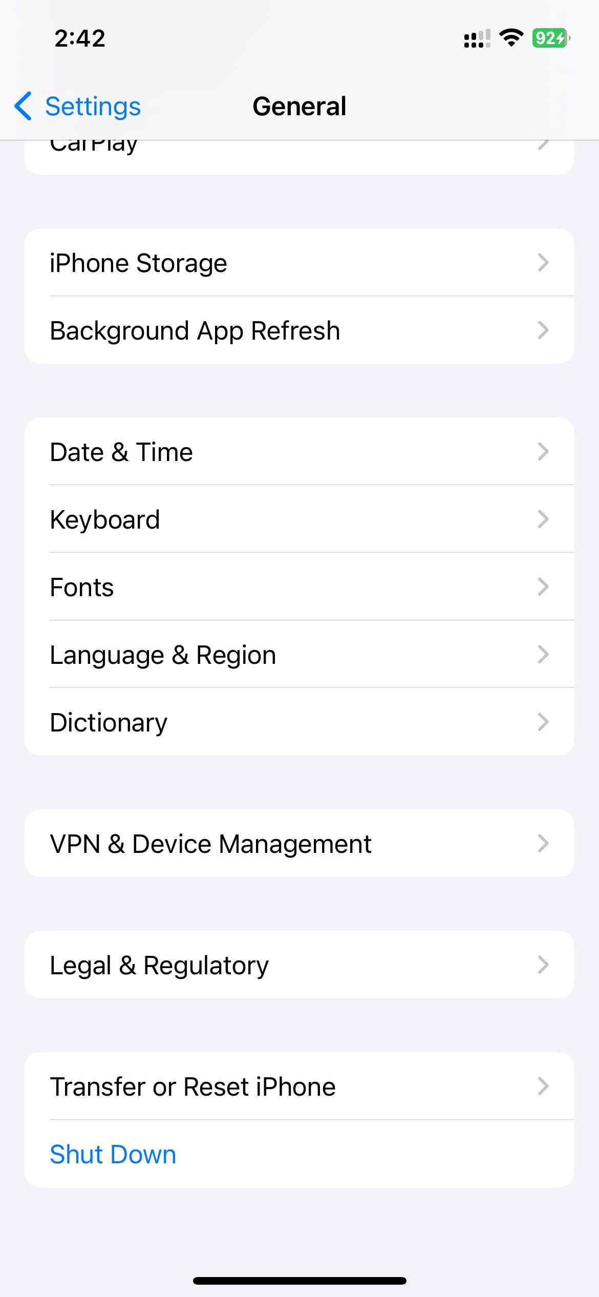 General settings showing Transfer or Reset option in iOS