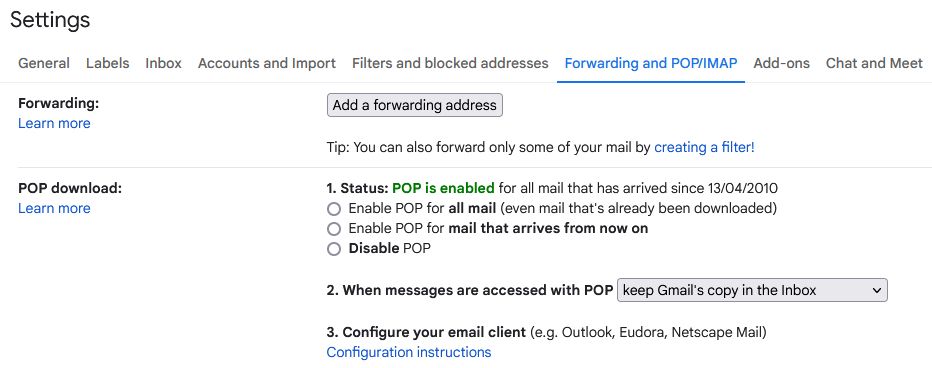 gmail pop settings