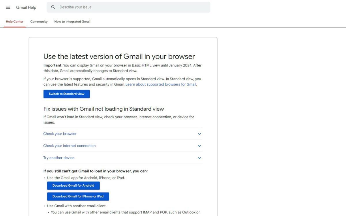 O captură de ecran a unei pagini de asistență Gmail