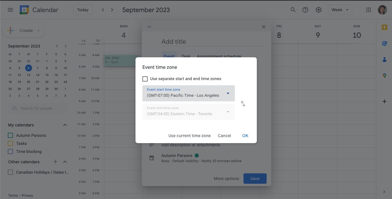 Google Calendar event menu scheduling in another timezone
