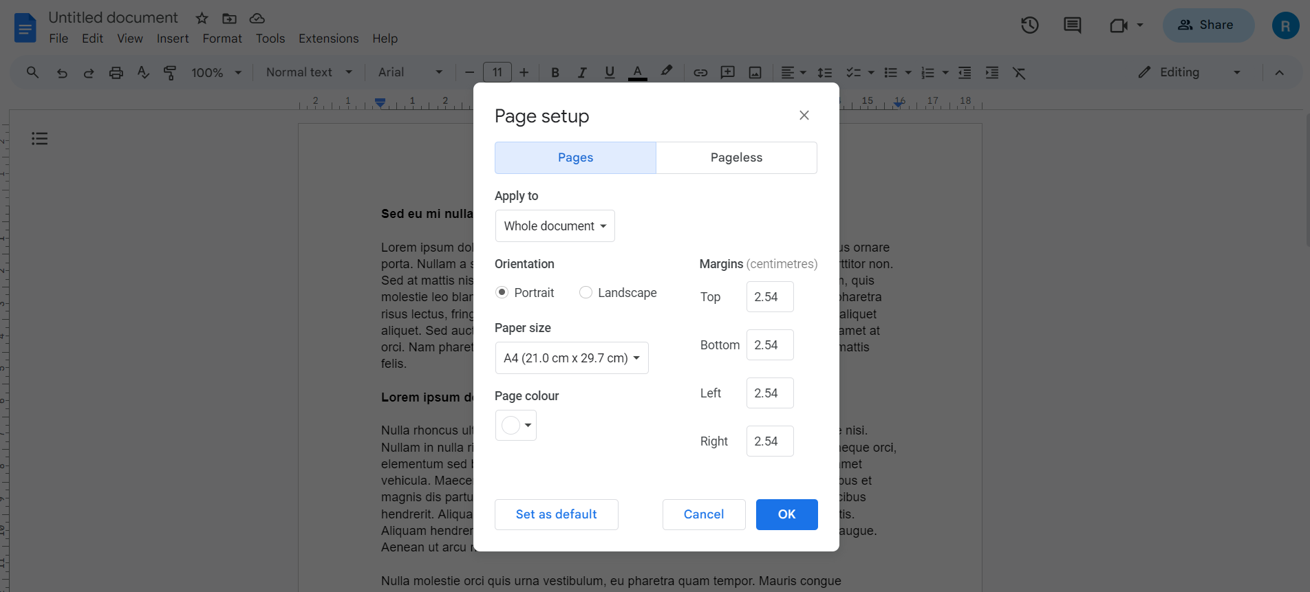 شماره خطوط در تنظیم صفحه Google Docs