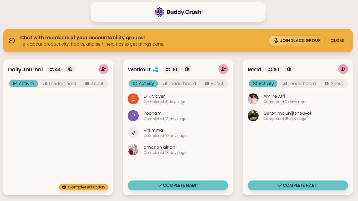Buddy Crush ajuda você a manter seus hábitos, oferecendo amigos responsáveis ​​​​em grupos públicos ou privados