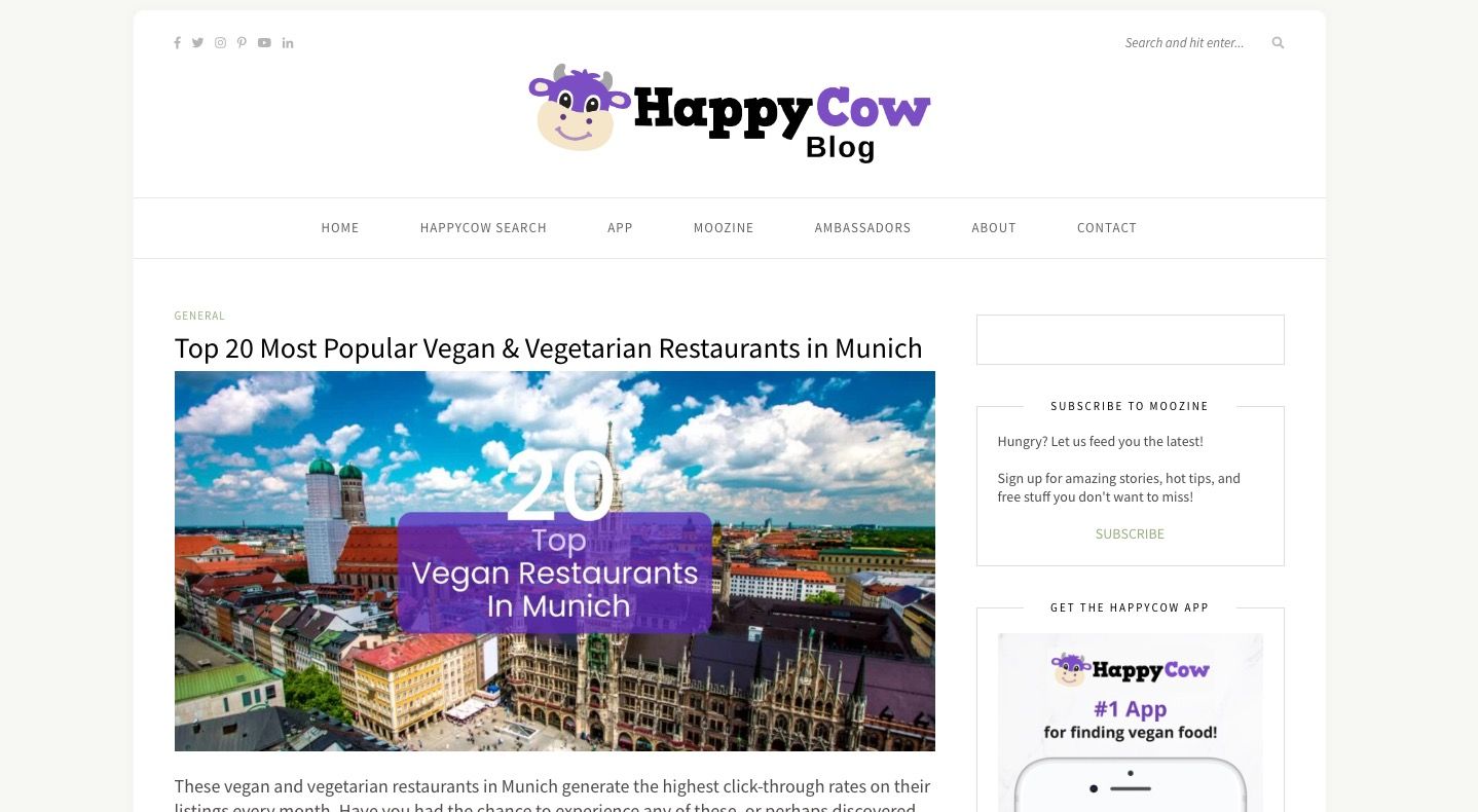 Captură de ecran a site-ului vegan Happy Cow