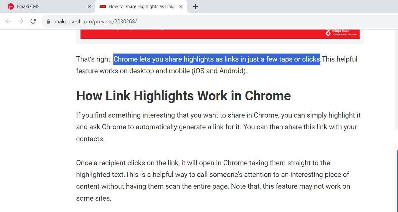 Text evidențiat în Chrome care arată site-ul web MUO