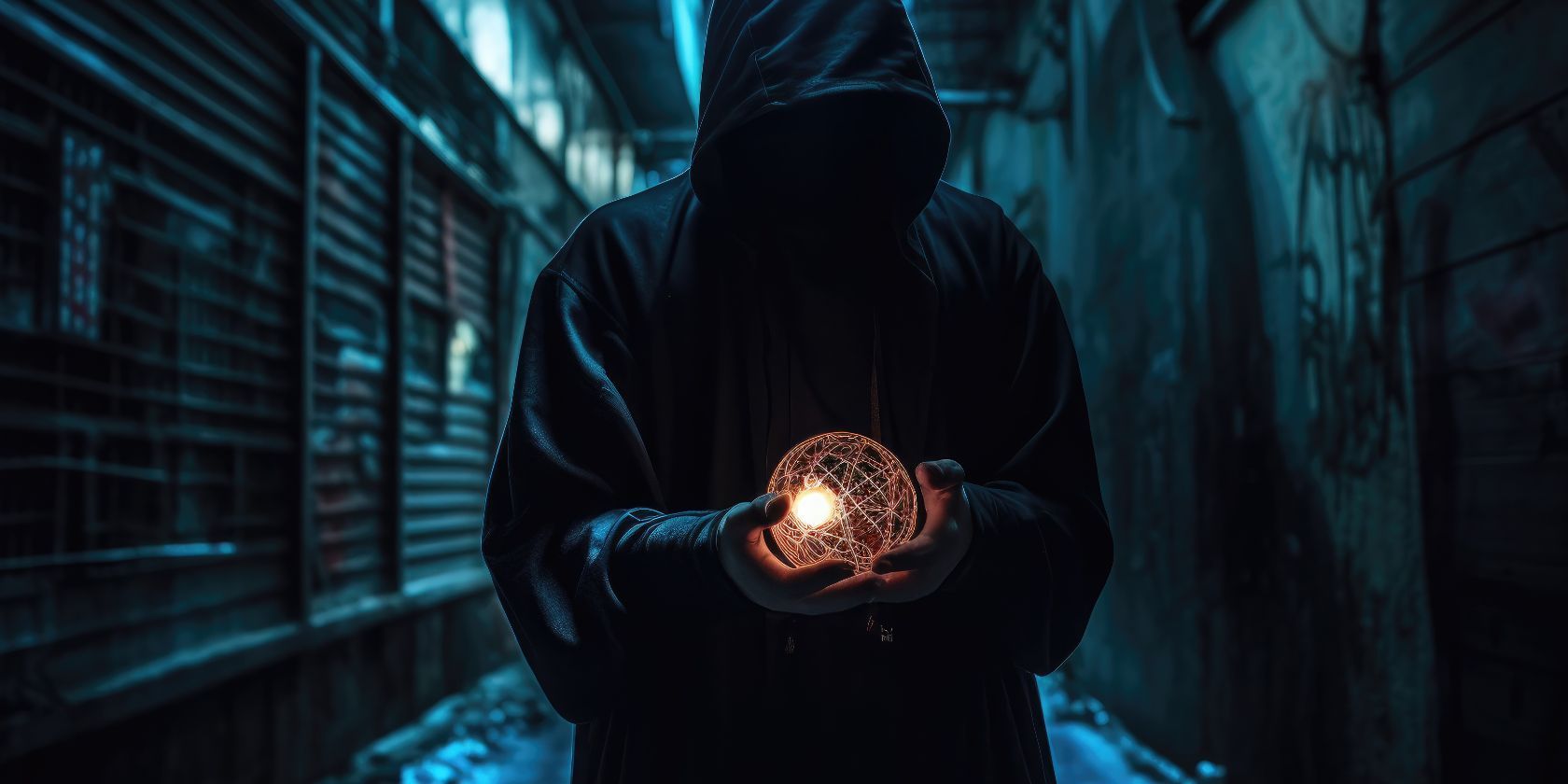 hooded man in dark alley holding spherical light