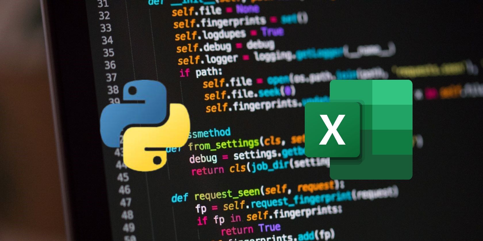 Python and Excel logos overlayed on a computer screen containing Python code