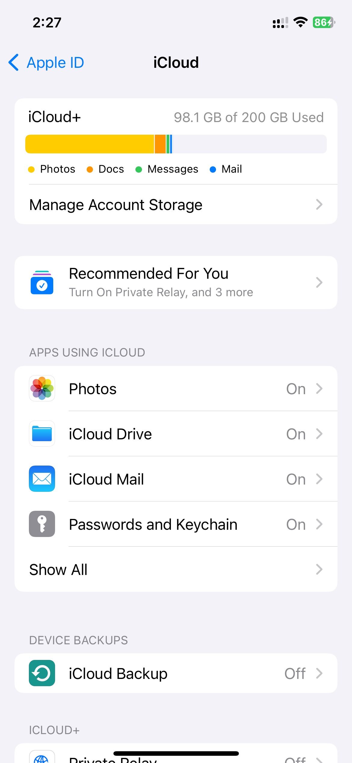 iCloud options under Apple ID settings on iPhone