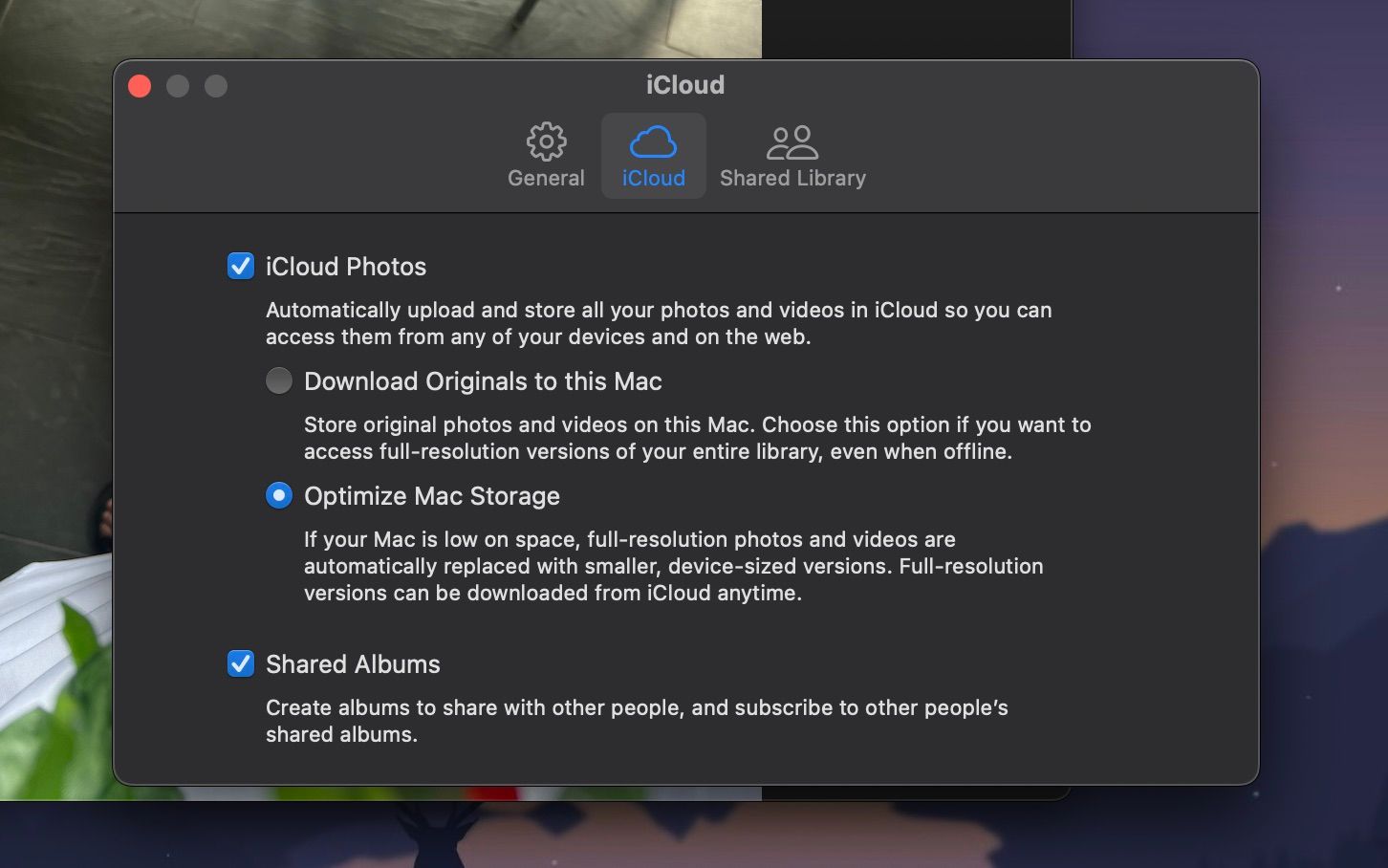 Configurações do iCloud Photos com o Optimize Mac Storage ativado