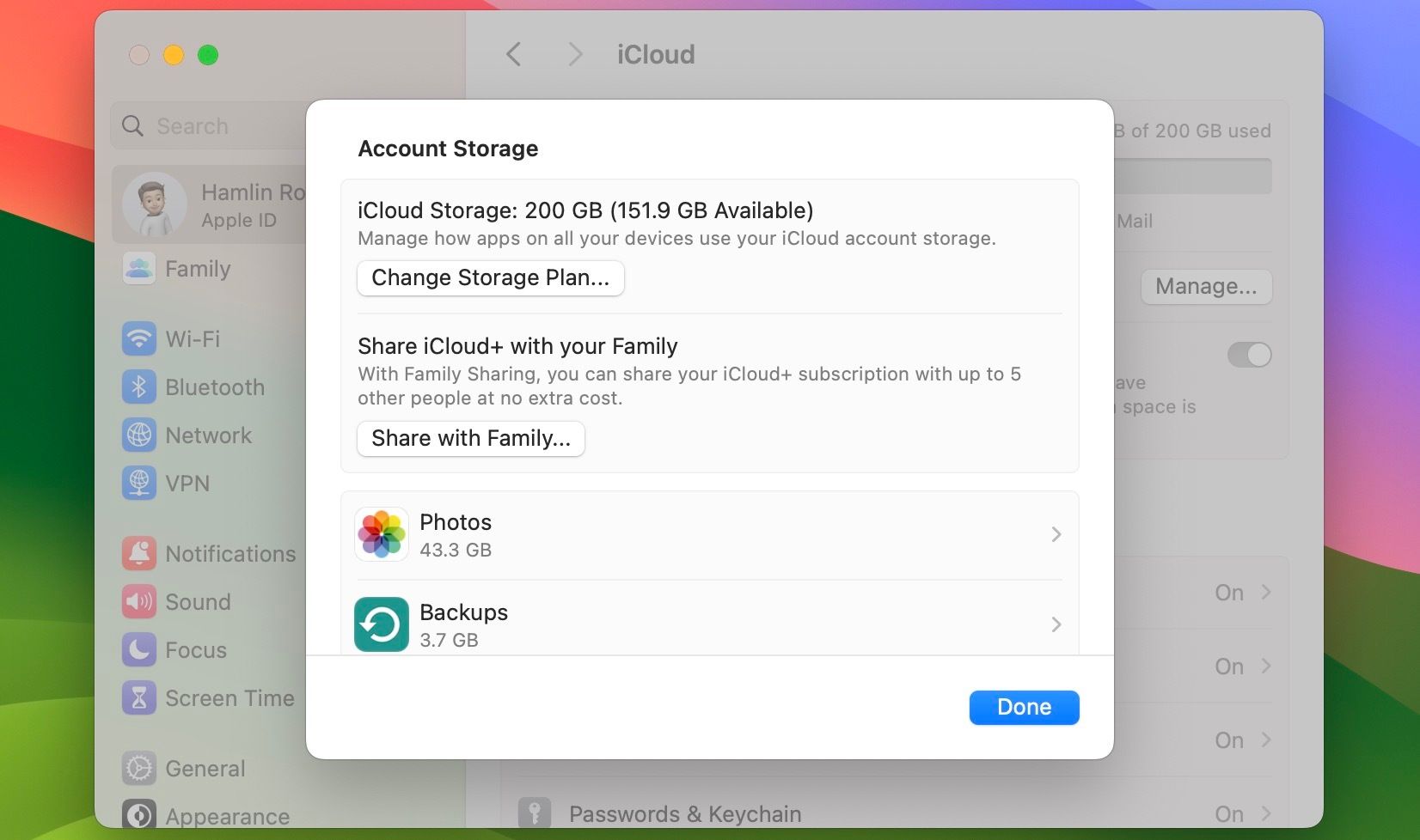 iCloud storage settings in macOS