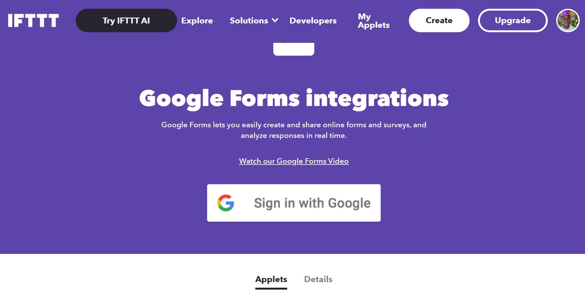 صفحه ادغام IFTTT Google Forms