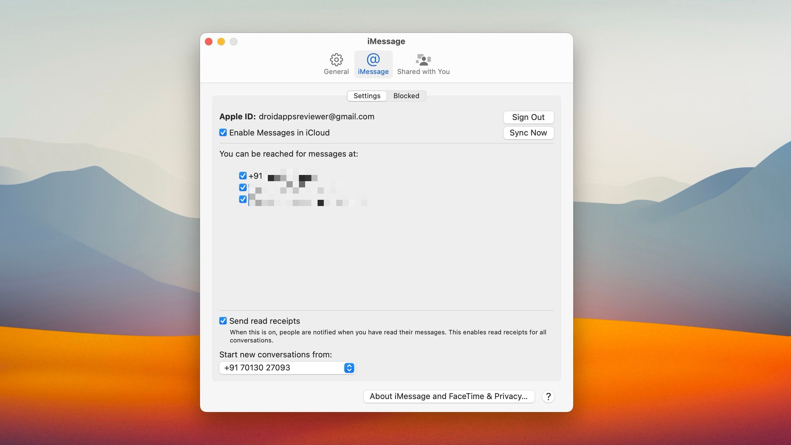 Tela do iMessage nas configurações de Mensagens no Mac