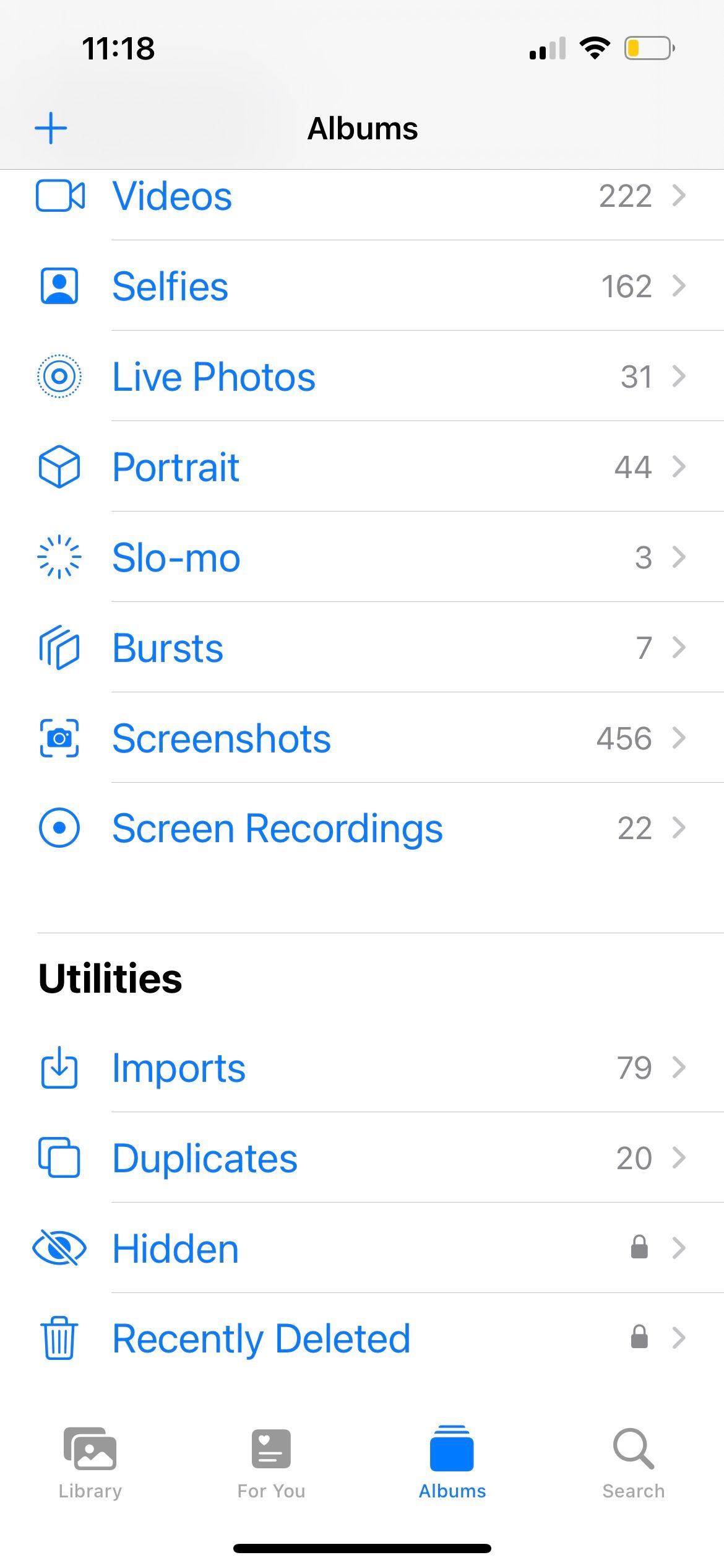 iphone albums tab showing utilities section