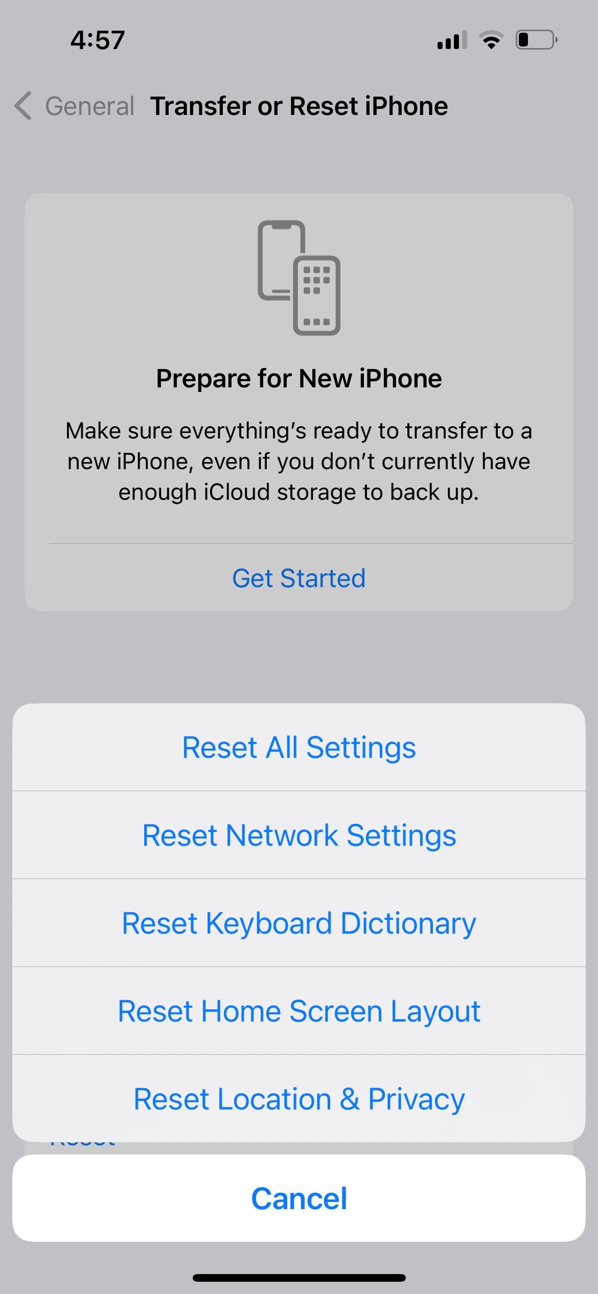transfer or reset iphone settings confirmation window