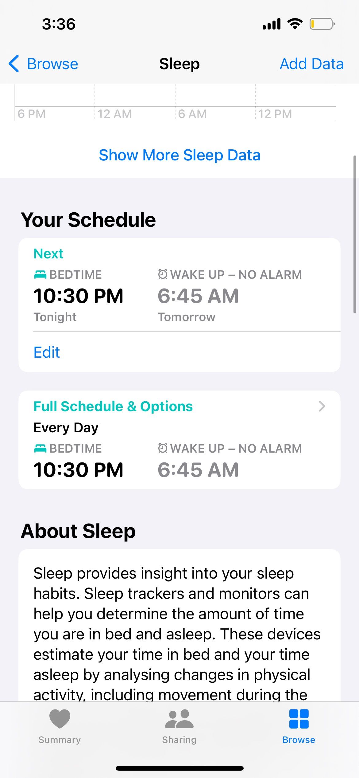 sleep settings in heath app