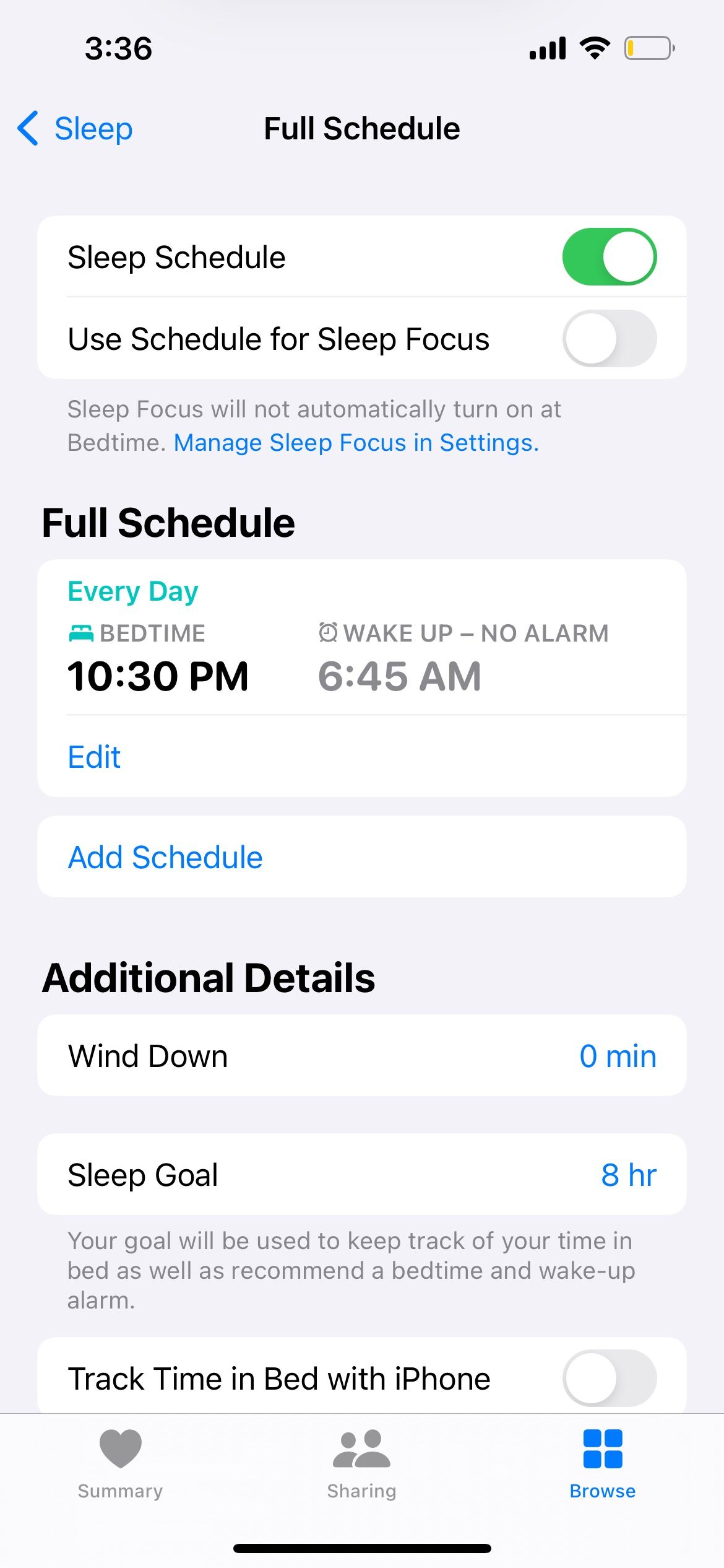 full sleep schedule settings in health app 