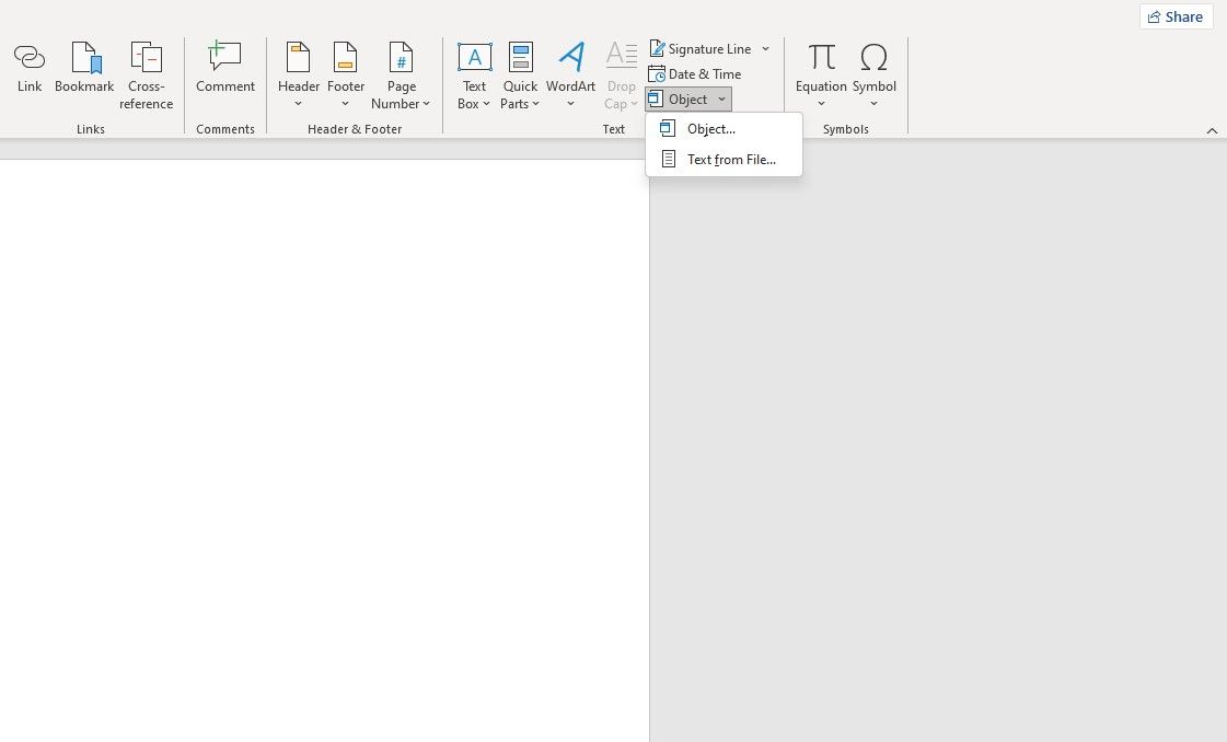 Insert Object menu in Word