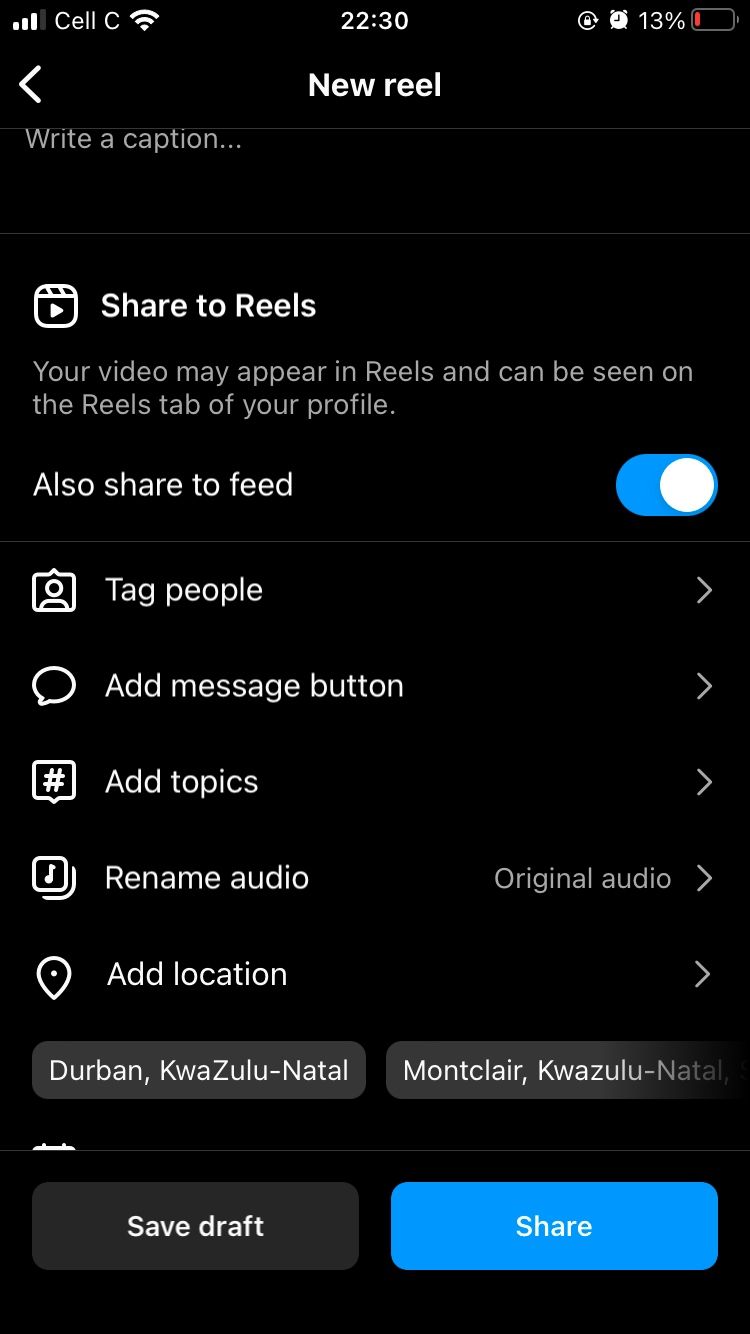 Opções do Instagram Reel mostradas no aplicativo antes da publicação