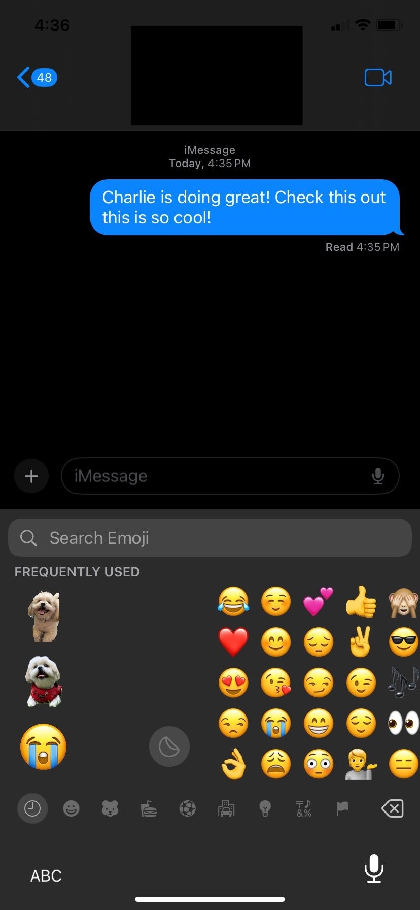برنامه پیام‌های iOS با صفحه کلید Emoji باز است