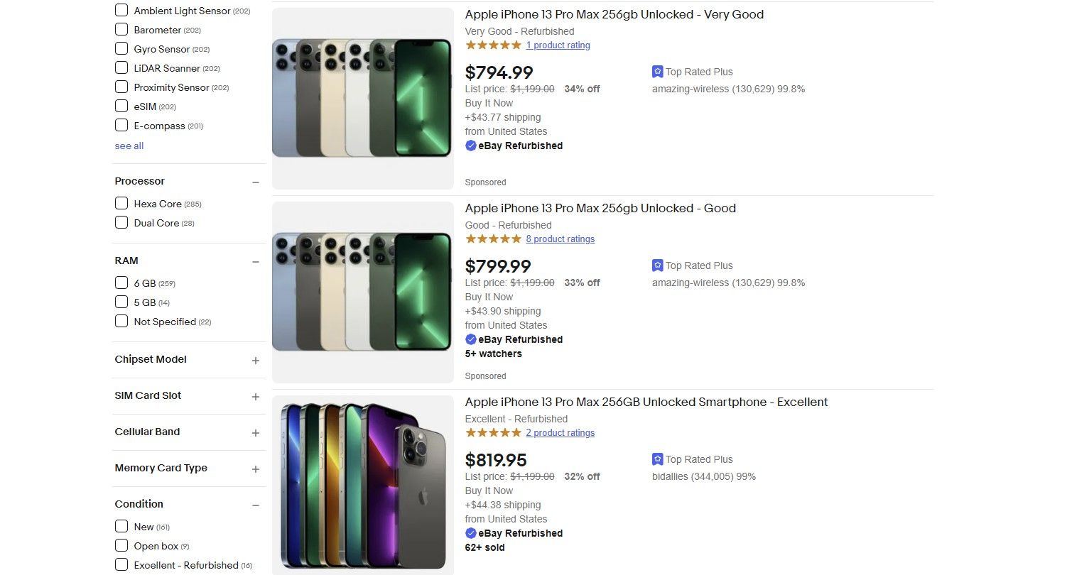 iPhone 13 Pro Max listings on eBay