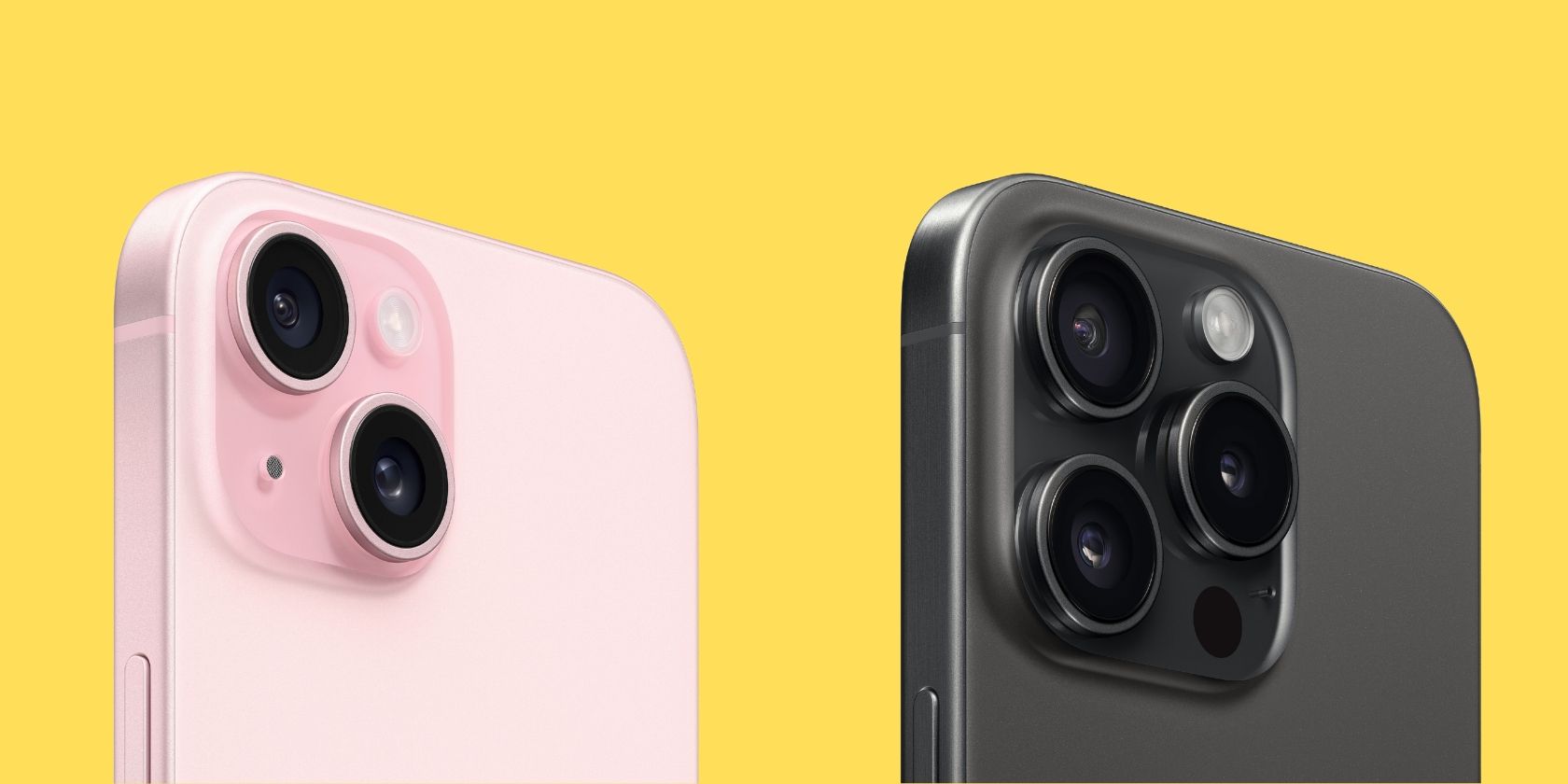 Conjunto de câmeras do iPhone 15 vs iPhone 15 Pro um ao lado do outro