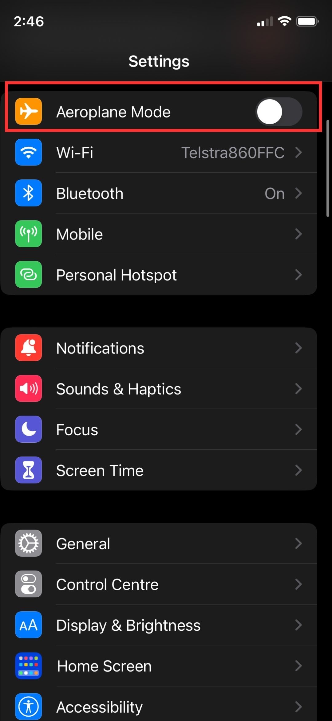 IPhone Airplane Mode from Settings