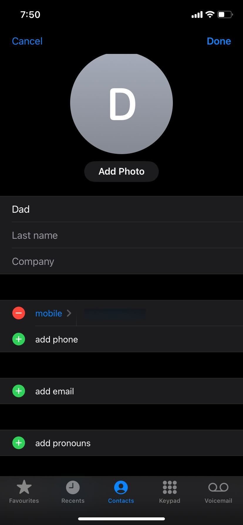 iPhone contact Done button