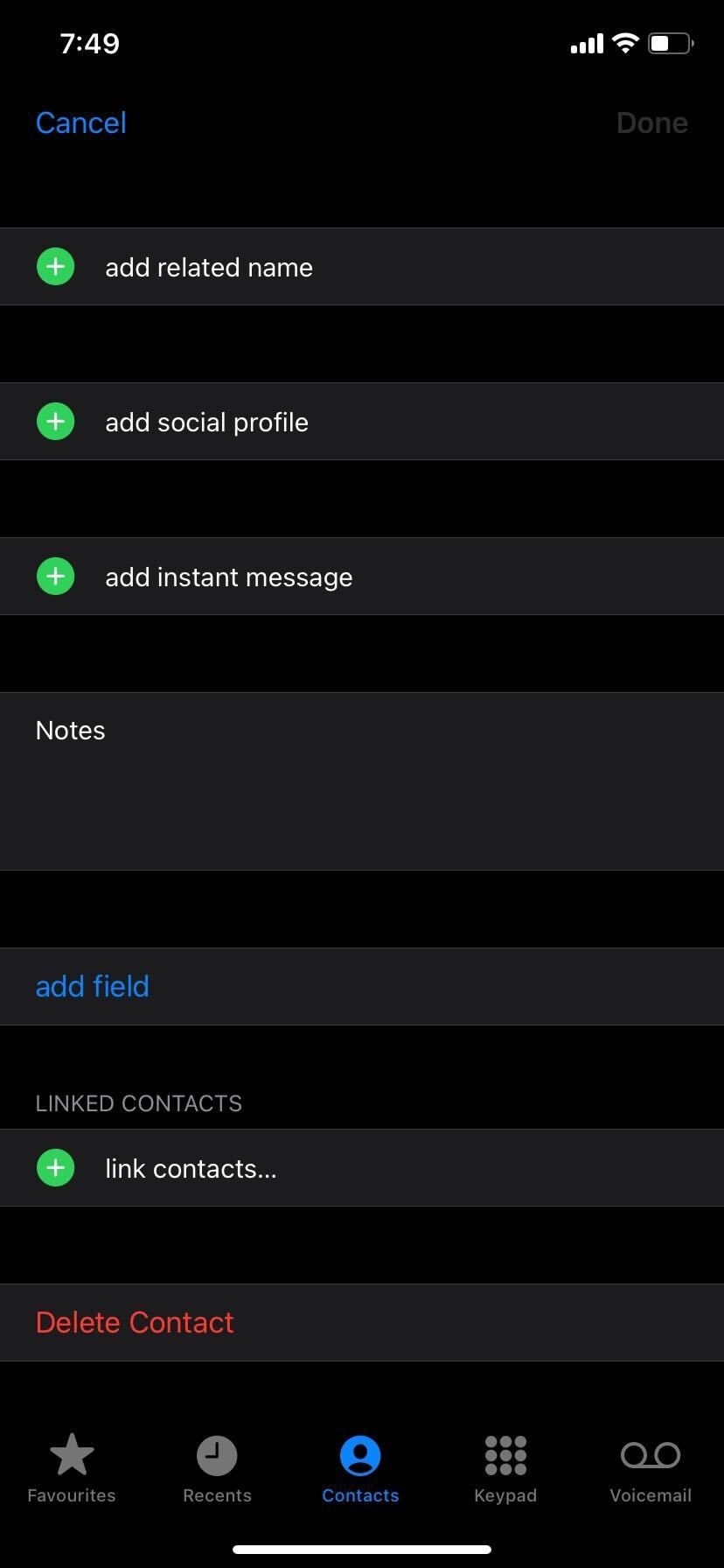 iPhone Link contact option