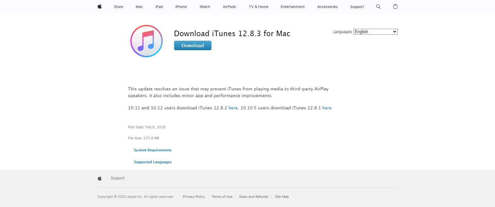 اسکرین شات از وب سایت اپل برای دانلود iTunes 12.8 3 برای مک