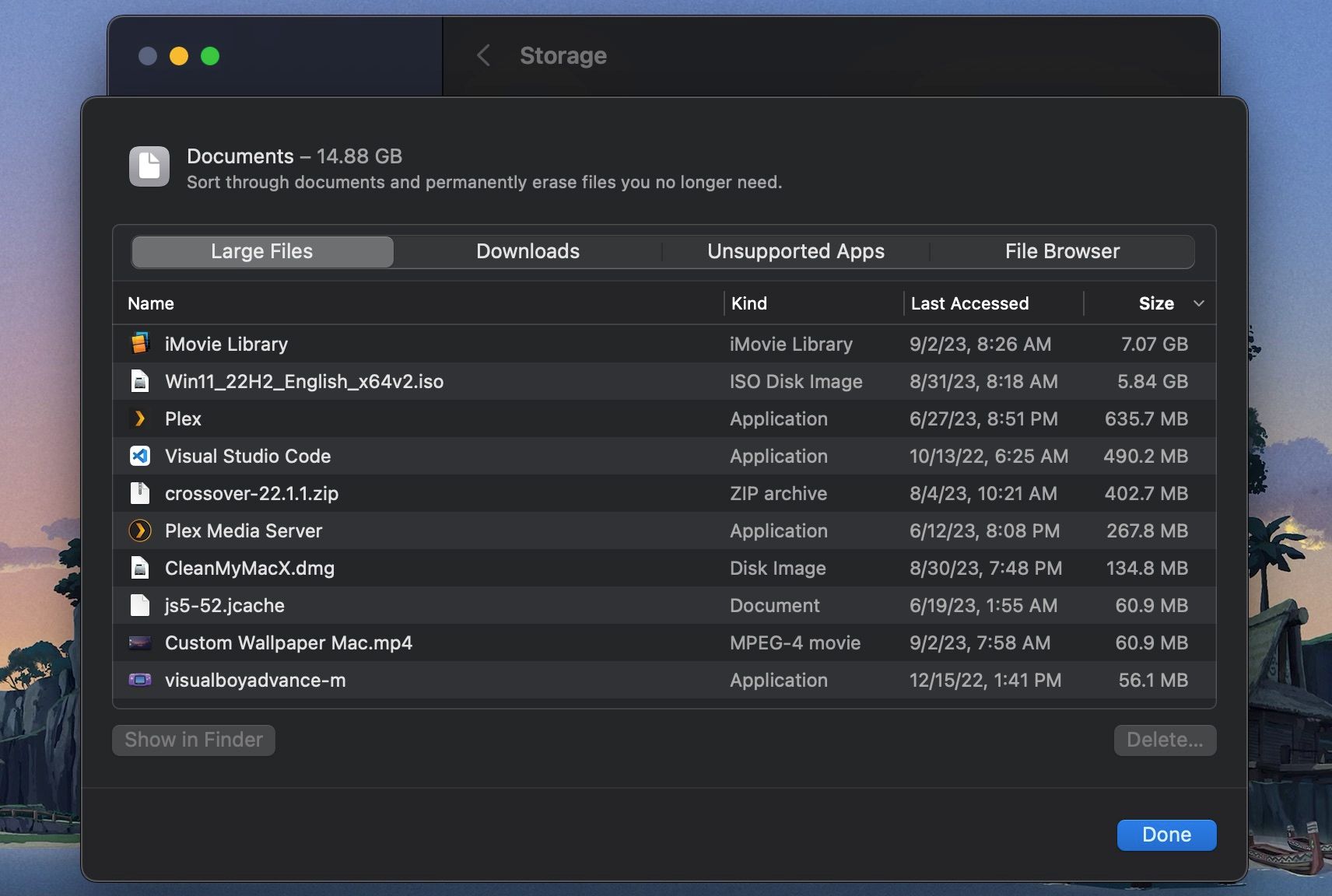 Seção Arquivos grandes da visualização Documentos nas configurações de armazenamento do macOS