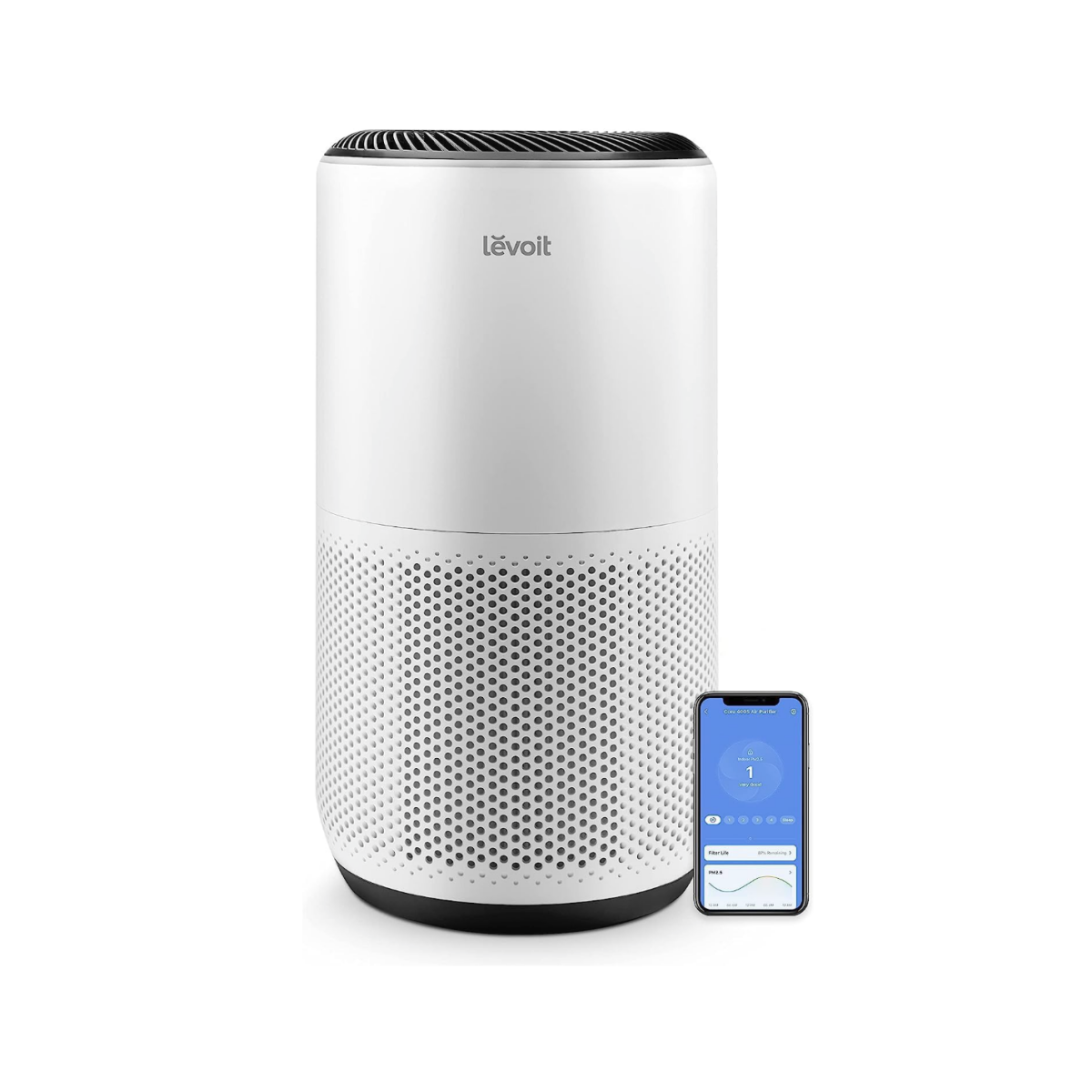 A Levoit Smart WiFi Air Purifier with a smartphone displaying the app