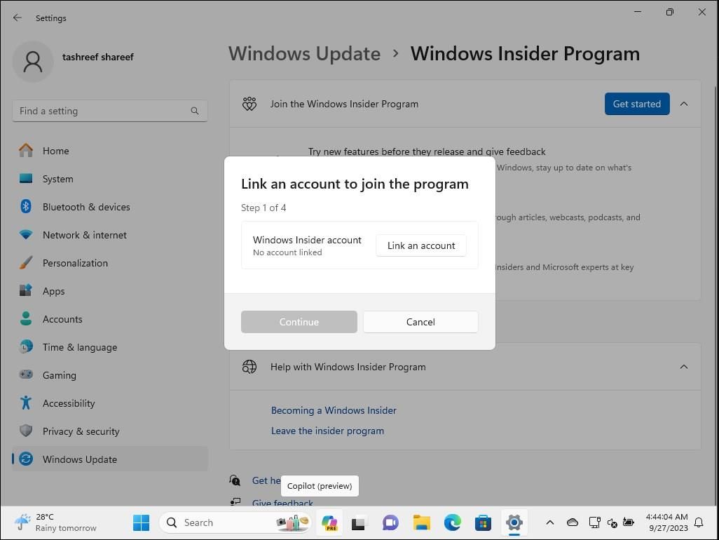 привязать учетную запись к программам Windows 11 insider