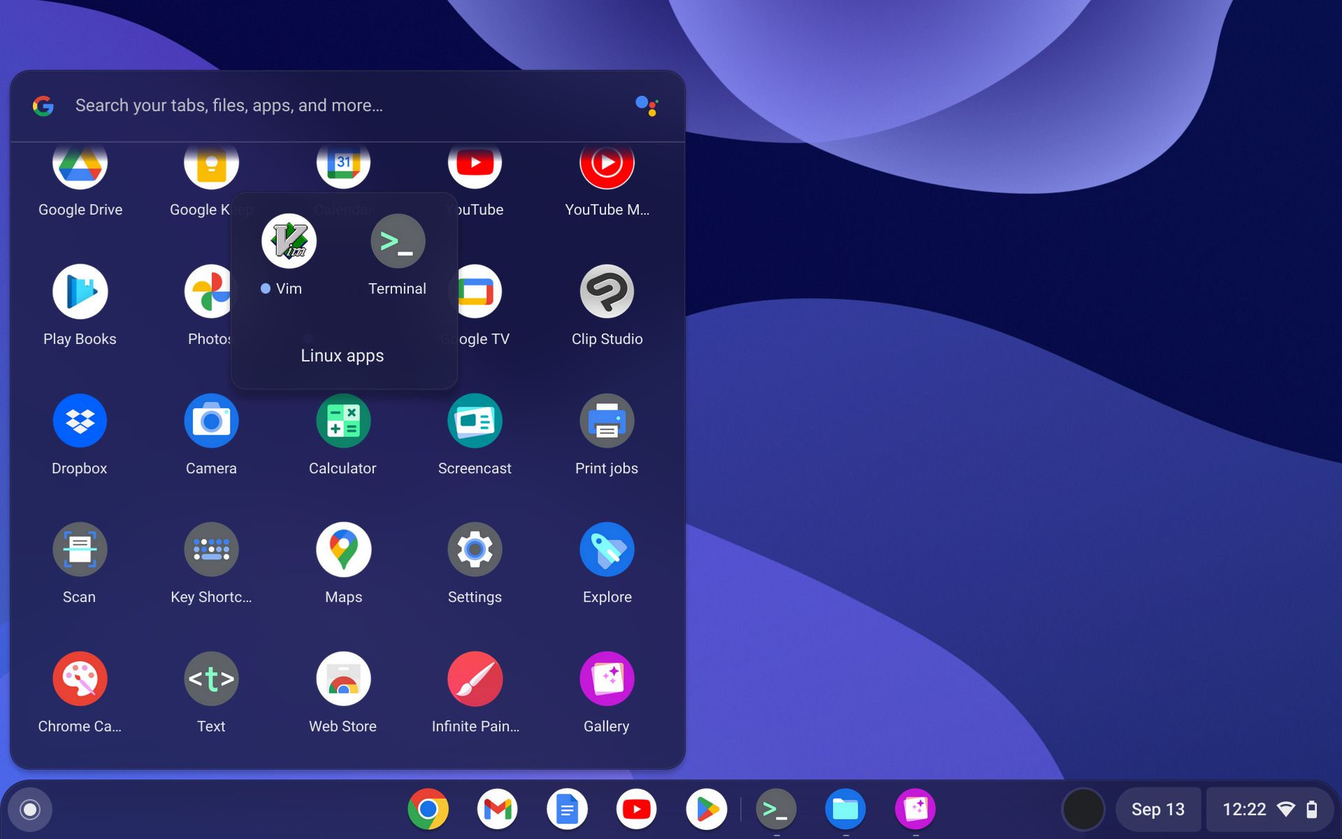 Lista de ícones no menu de um Chromebook