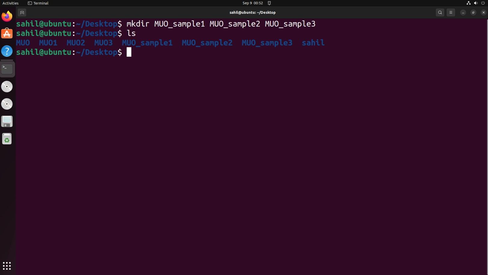 Janela de terminal do Ubuntu com trechos de código para criar vários diretórios