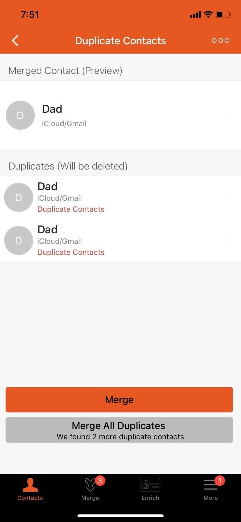 list of Duplicate contacts in Easy Cleaner  app on iPhone