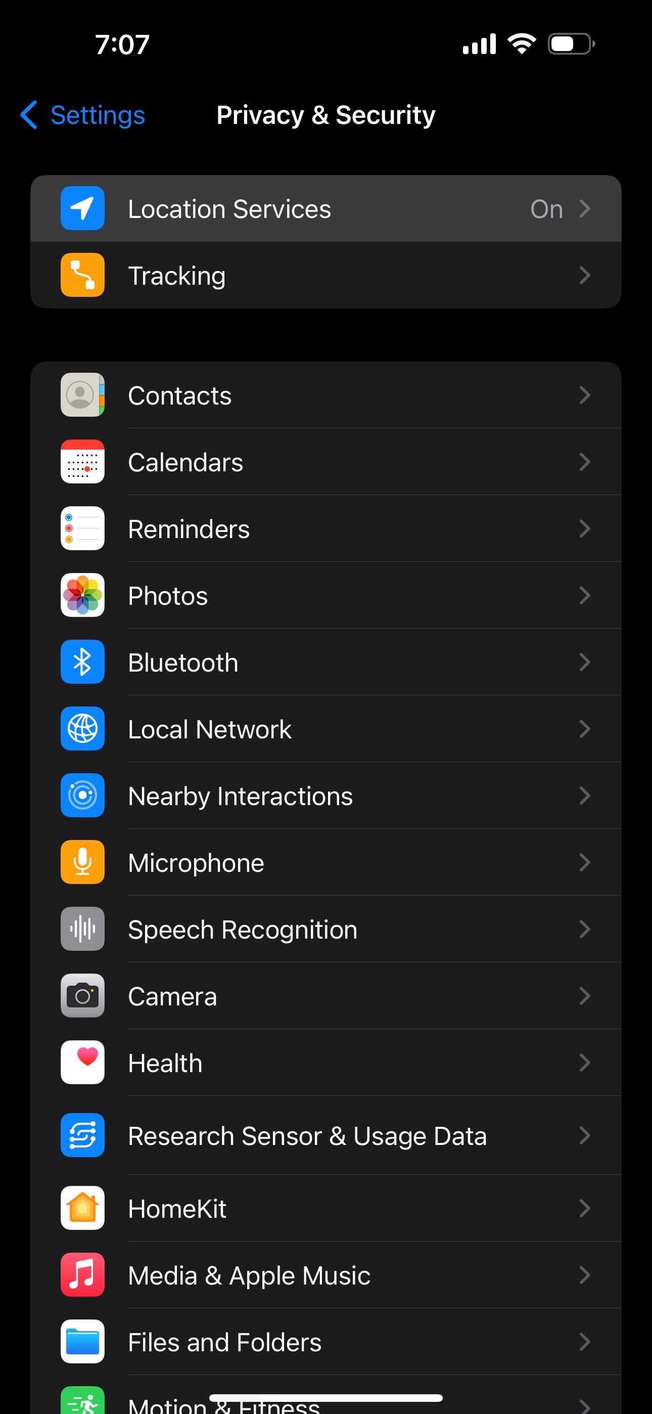 Privacy & Security screen in iPhone settings including Location Services