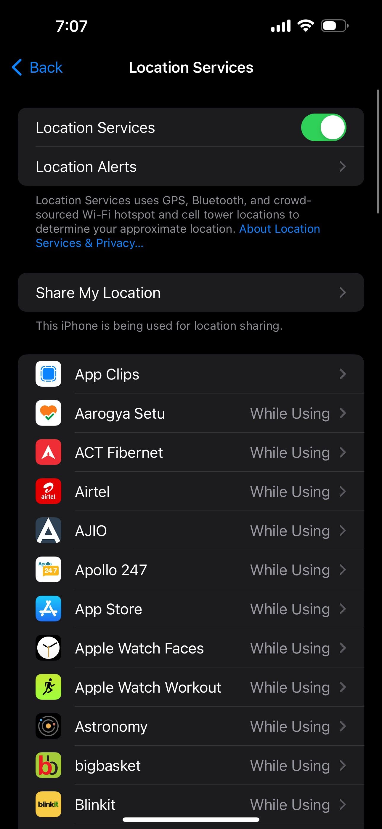 Location Services toggle on in iPhone settings