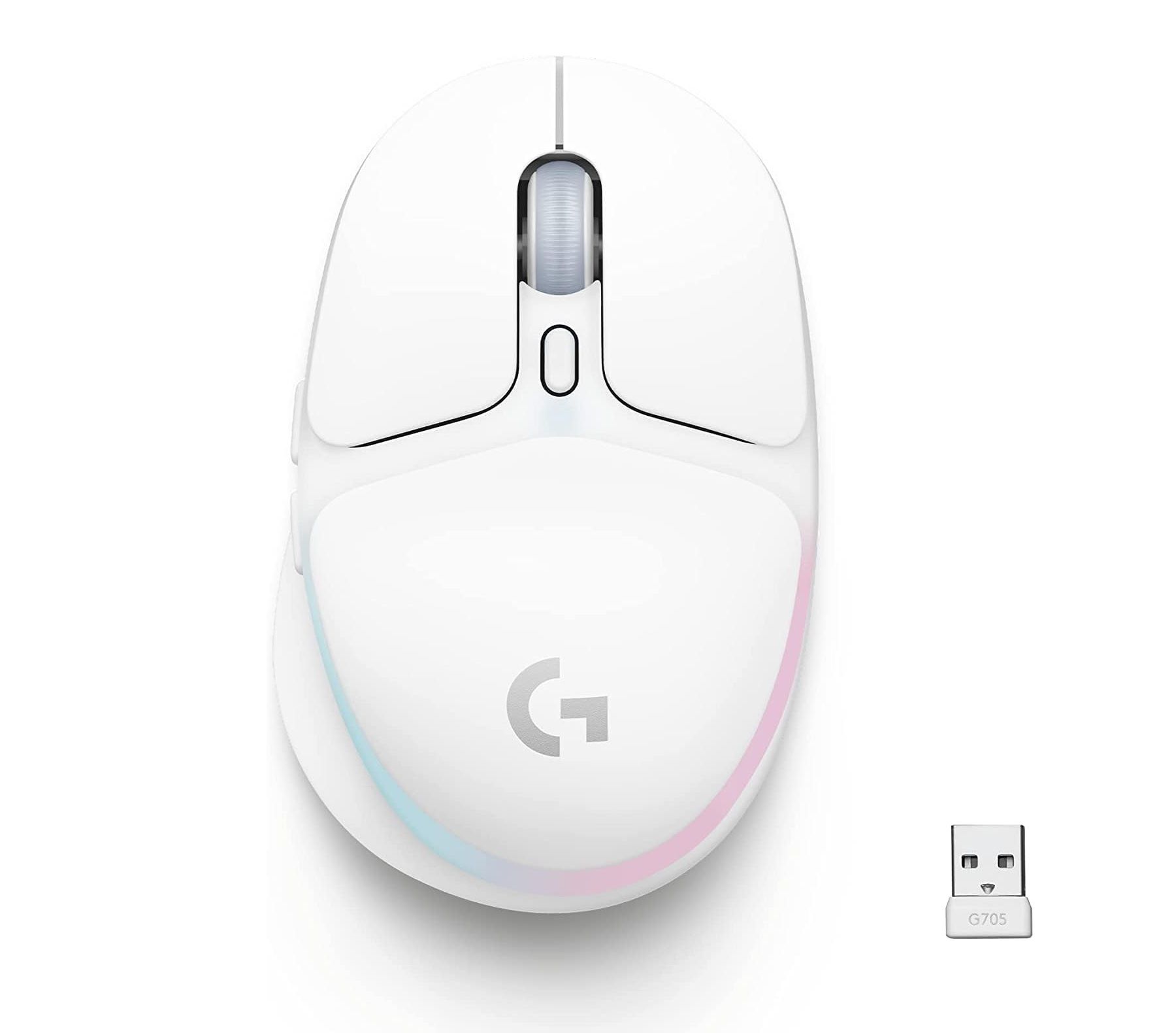 logitech g705 wireless gaming mouse with white finish and usb dongle