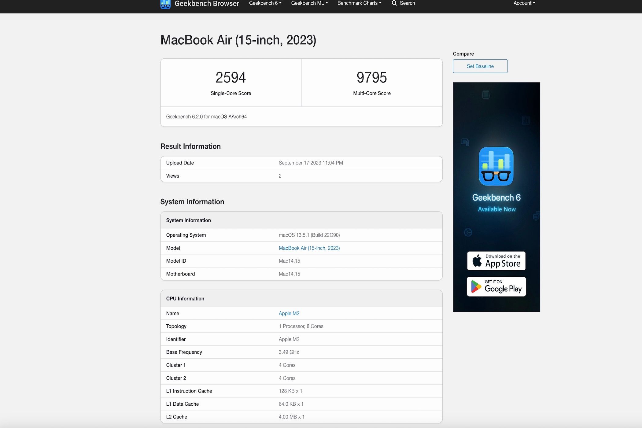 نتایج تست Geekbench CPU MacBook Air M2